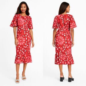 Rhode x Target Red Floral Linen Blend Midi Dress Ruffle Hem Short Sleeve 4 NWT